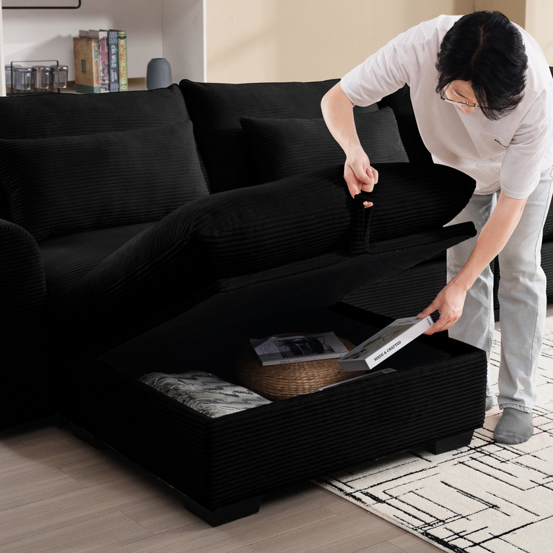 Accoudoir en velours côtelé 2 places avec velours côtelé noir, confortable et facile à assembler, Noir