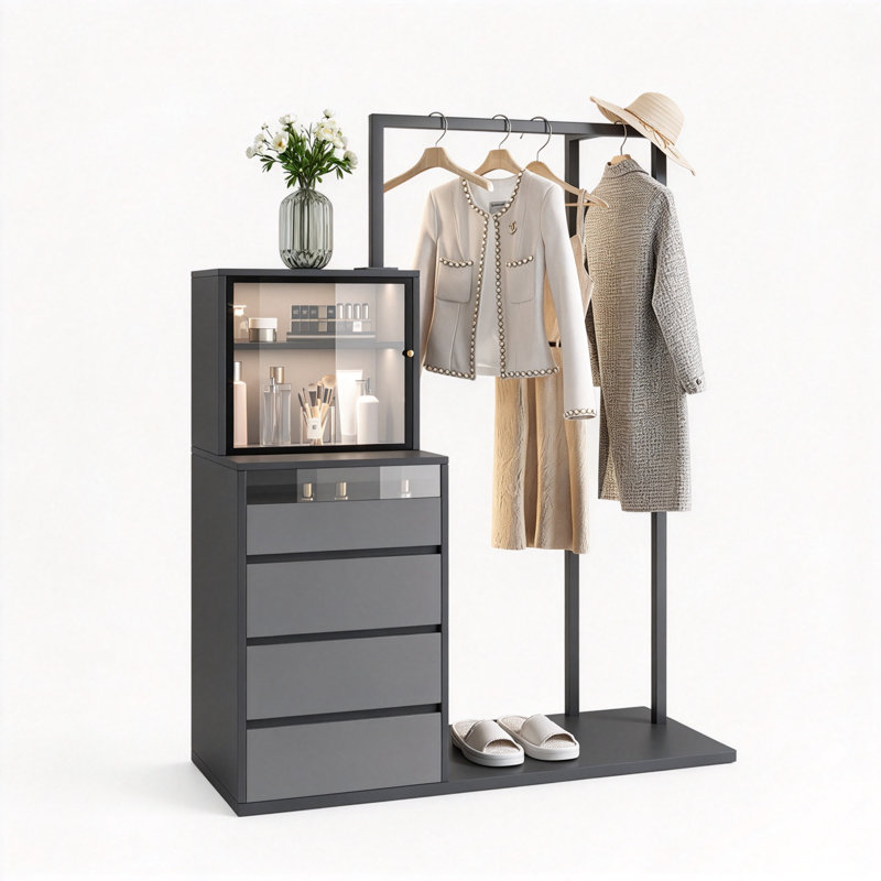 Organisateur de garde-robe autoportant moderne à 4 tiroirs avec vitrine et porte-vêtements Modern