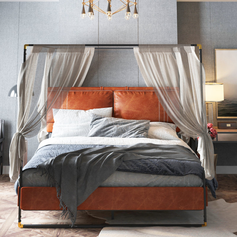 Upholstered Metal Canopy Bed, King, Brown