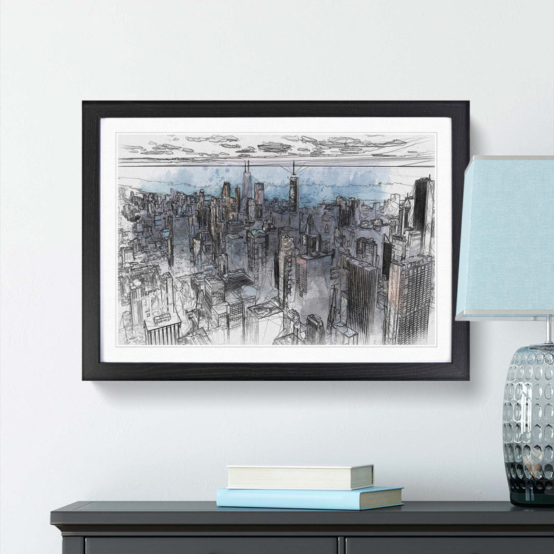 The Beauty of the Chicago Skyline in Abstract - Picture Frame Drawing Print, 36cm H x 48cm W x 2cm D, Black Framed