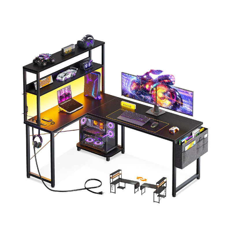 53 Inch L Shaped Desk With LED Lighting, Reversible Gaming Desk With Power Outlets, Cornor Computer Table With Storage Shelves & Bag & Iron Hook, Home Office Table For Writing, Study, Black