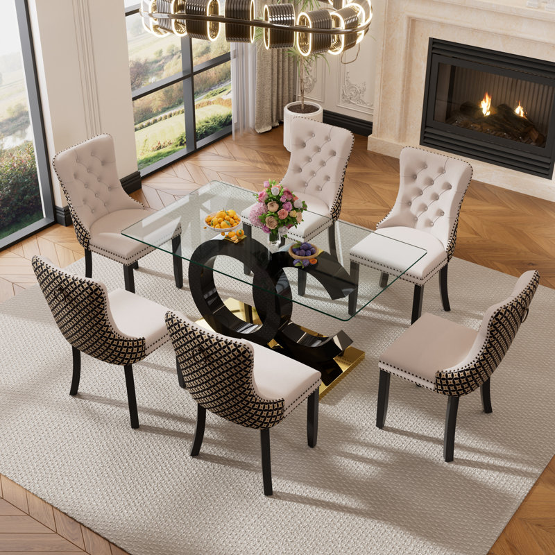 Kamarious Pedestal Dining Set, Black, Beige, 7