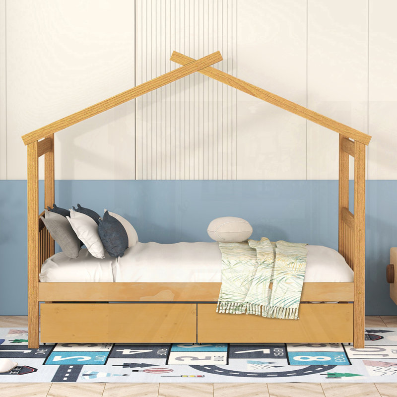Wooden House Bed With Drawers, Natural, Twin