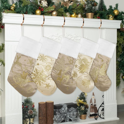 Christmas Stockings 5 Pack For Family 20" Large Gold Sequins Silk With Soft Faux Fur Embroidered Classic Fireplace Tree Decorations Hanging Ornament For Xmas Season Decor (Set Of 5)