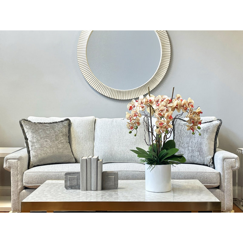 Modern Orchid Arrangement in Round Fiberstone Pot, Brown/Beige/Orange