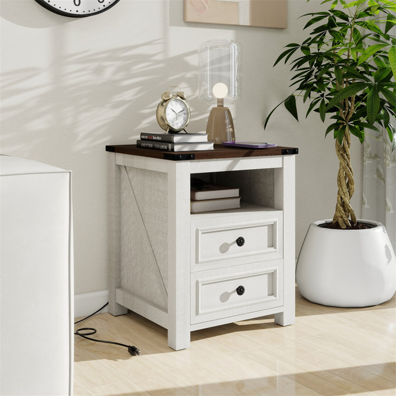 Nightstands With Charging Station, Rustic 18 Inch Bedside Table With 2 Storage Drawers And Open Shelf, Set of 2, White