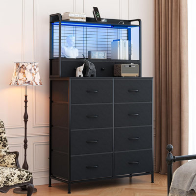 Rustic 11-Drawer Fabric Dresser Storage Cabinet – Charging Station & App RGB LED – Wood Grain Finish – Anti-Tipping – Bedroom, Living Room, Closet – Black