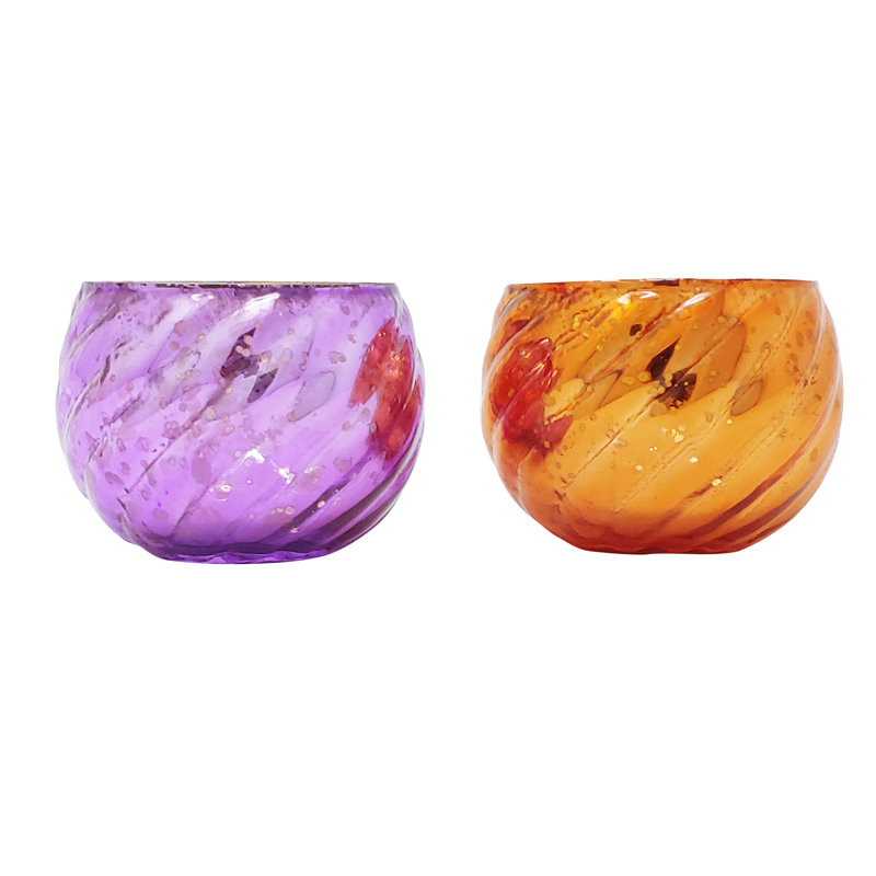 Petit porte-votive rond en verre, Bleu foncé / orange