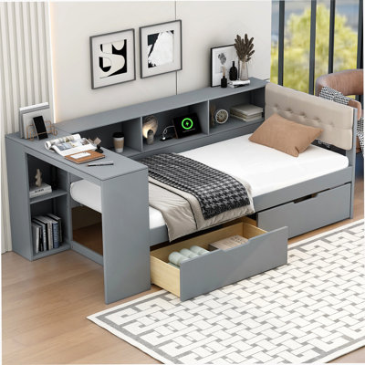Wood Twin Size Platform Bed With Storage Shelves, Drawers, Charging Station And Upholstered Headboard, Gray
