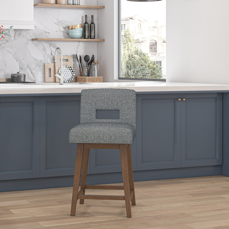 Tabouret pivotant à dossier clé en bois et tissu d'ameublement, Siège graphite / structure brun moyen