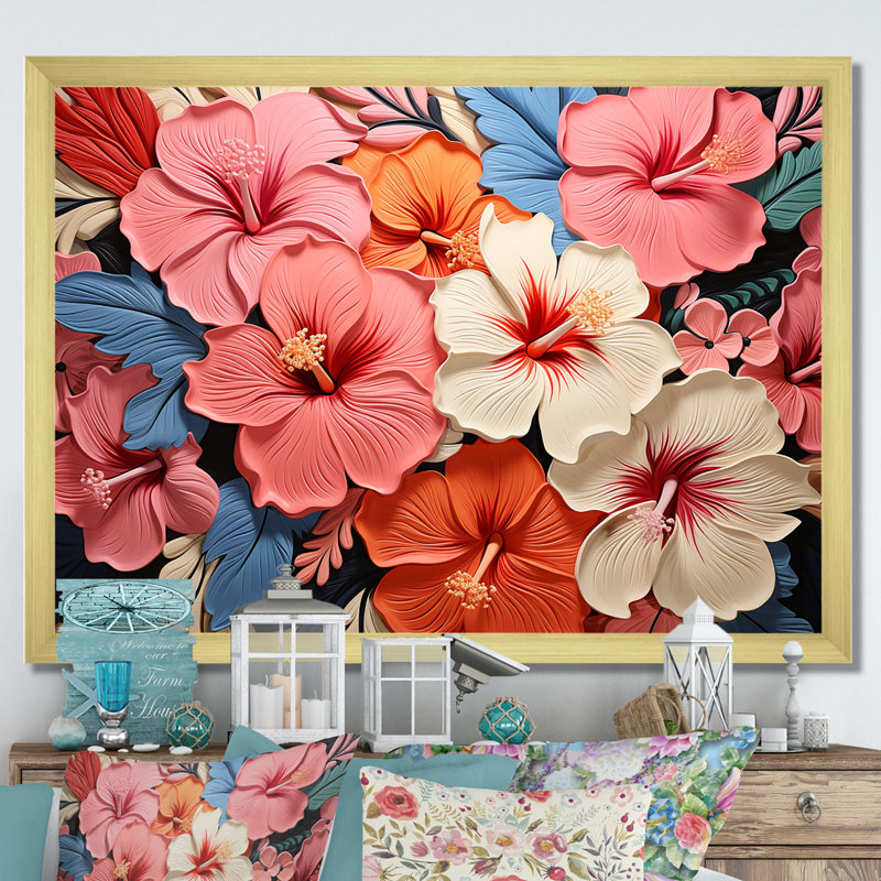 Hibiscus coloré, fleurs, harmonie florale II - Hibiscus, art mural, Cadre doré à coins fermés, H 34 po x l 44 po x P 1,5 po