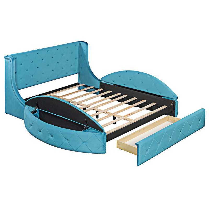 Lit plateforme tapissier grand en velours avec tête de lit à oreilles et 1 grand tiroir, 2 tabourets de rangement latéraux