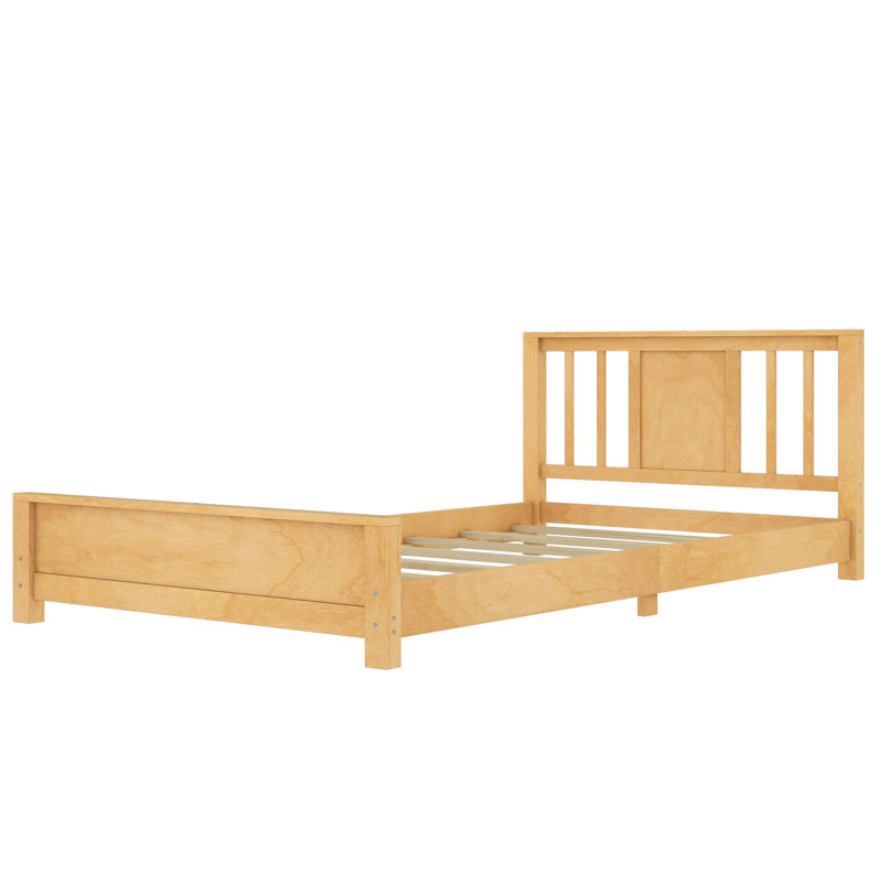 Lit plateforme simple en bois massif à profil bas avec tête de lit et lattes de soutien, lit de plancher, naturel, Naturel