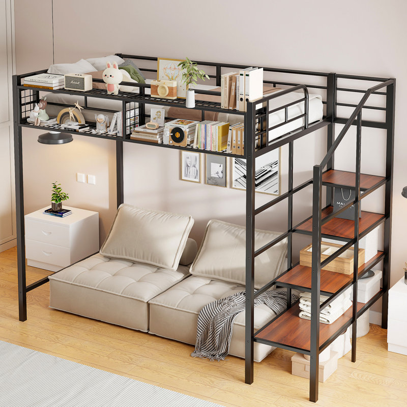 Lit mezzanine en métal avec tablette supérieure et échelle de rangement latérale Orenda, Noir