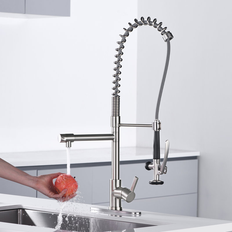 Brass Commercial Pull-Down Sprayer Kitchen Faucet 2 Handle With Locking Buckle And Soap Dispenser, Stainless Steel
