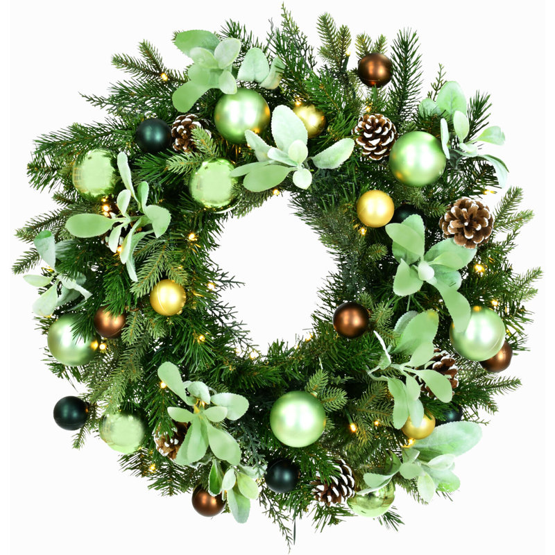 24-Inch Green and Brown Artificial Christmas Wreath with Pinecones and LED Lights