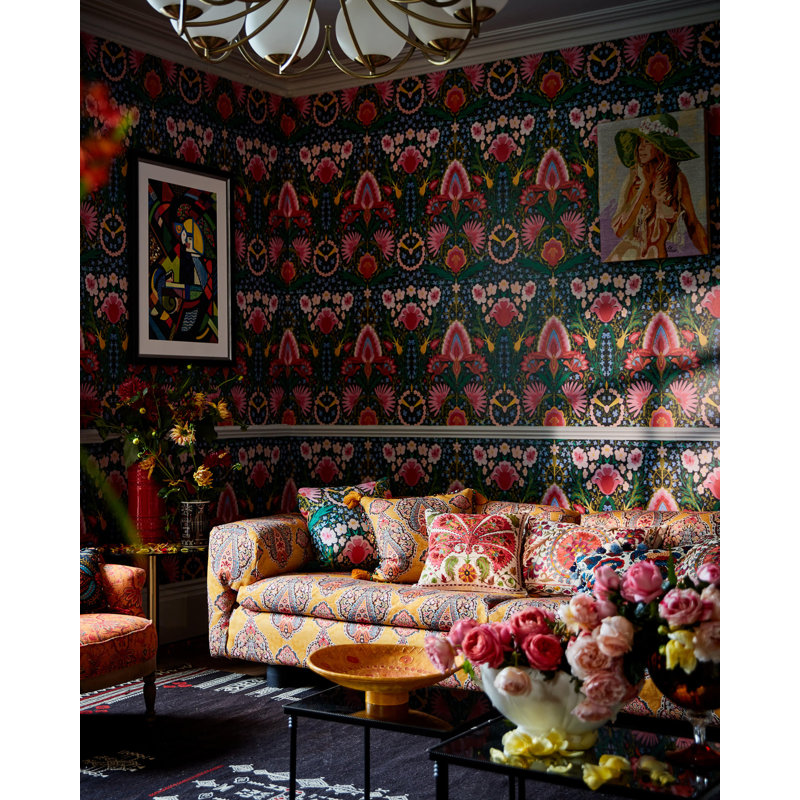 Woodstock Lifestyle Floral Wallpaper Roll, Black/Green/Pink/Red