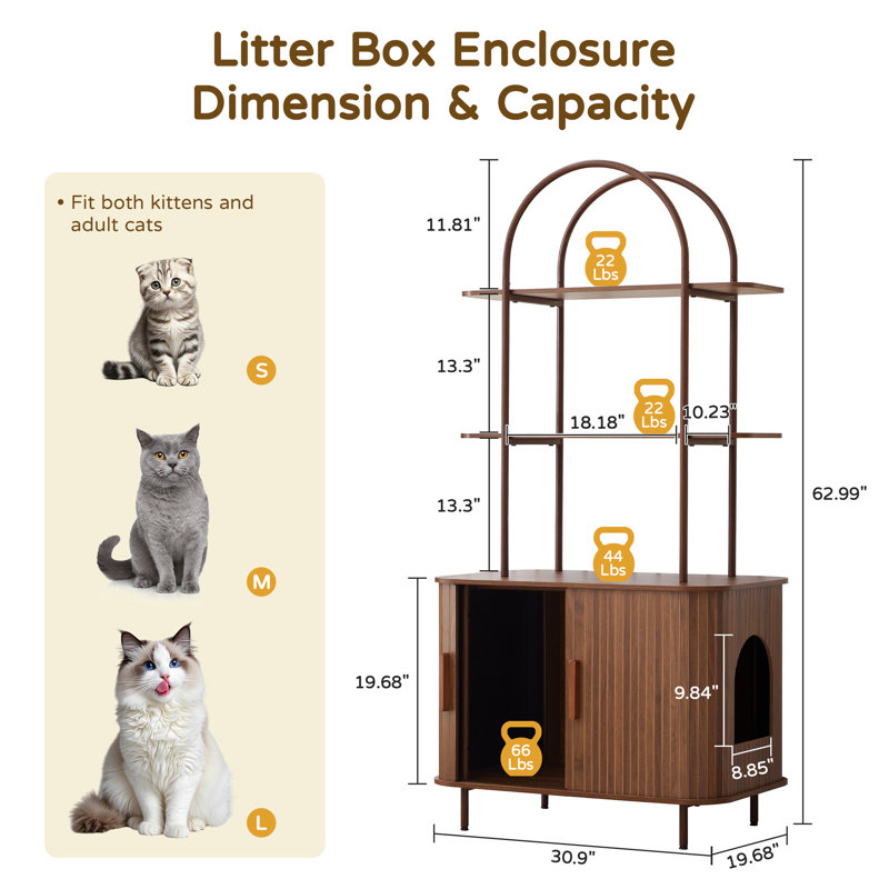 Enceinte de litière avec tablettes et portes coulissantes, maisonnette pour chat avec rangement, Walnut