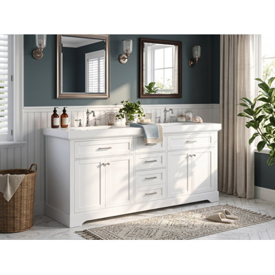 Meuble-lavabo double de 150 cm avec lavabo, 4 portes, 4 tiroirs, étagères réglables et rangement à fermeture amortie, blanc
