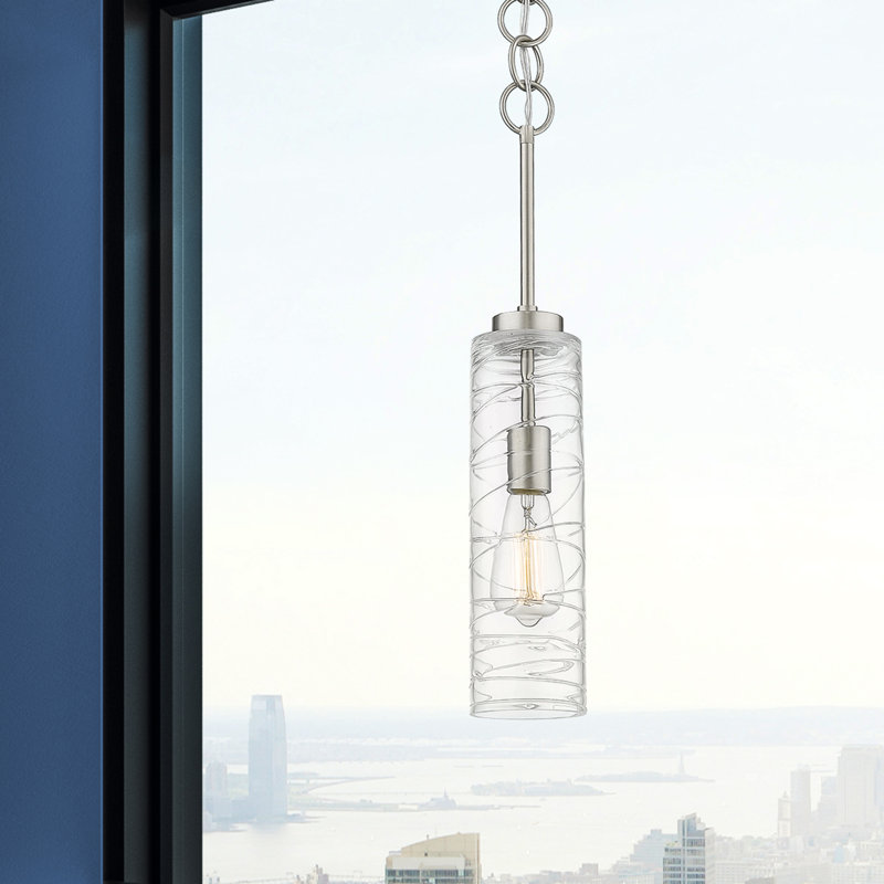 Luminaire suspendu cylindrique à 1 lumière Allisia, Tourbillon déco transparent, Nickel satiné brossé
