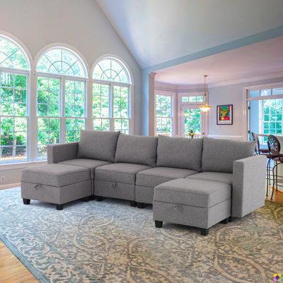Seybert 111.8"W Modular Sectional, Seat Underneath Storage, 2 Ottomans