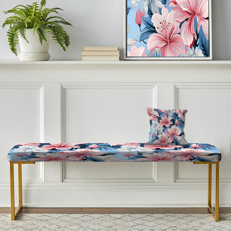 Floral Upholstered Gold Bench, Tranquil Flora Tropical