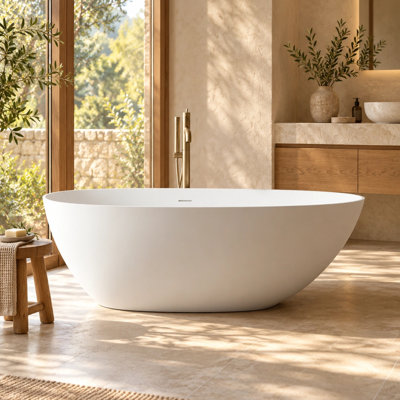 VELISSA 59" Solid Surface Freestanding Soaking Bathtub, Matte White