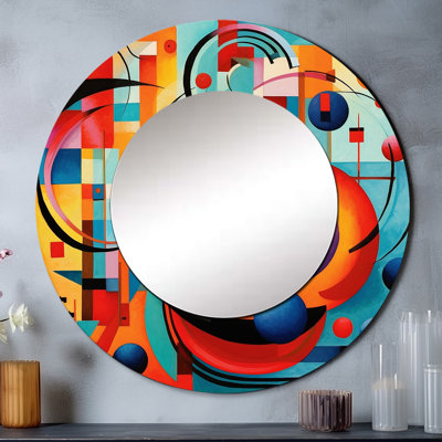 Orange géométrique bleue Unleashed IV - formes abstraites, miroir mural, miroir orange, impression sur métal