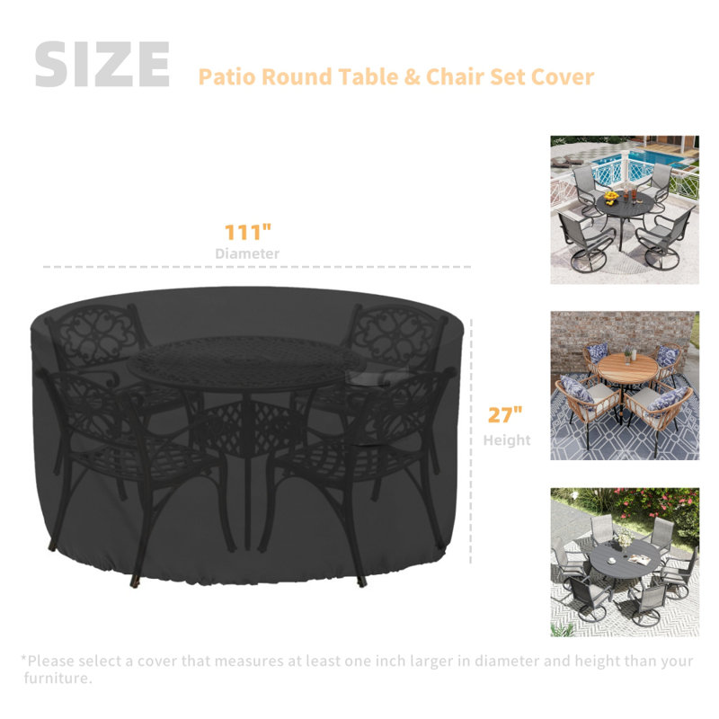 Patio Round Table Set Cover, Black, Waterproof Outdoor Furniture Cover, Universal Fit, 27" H x 111" W x 111" D