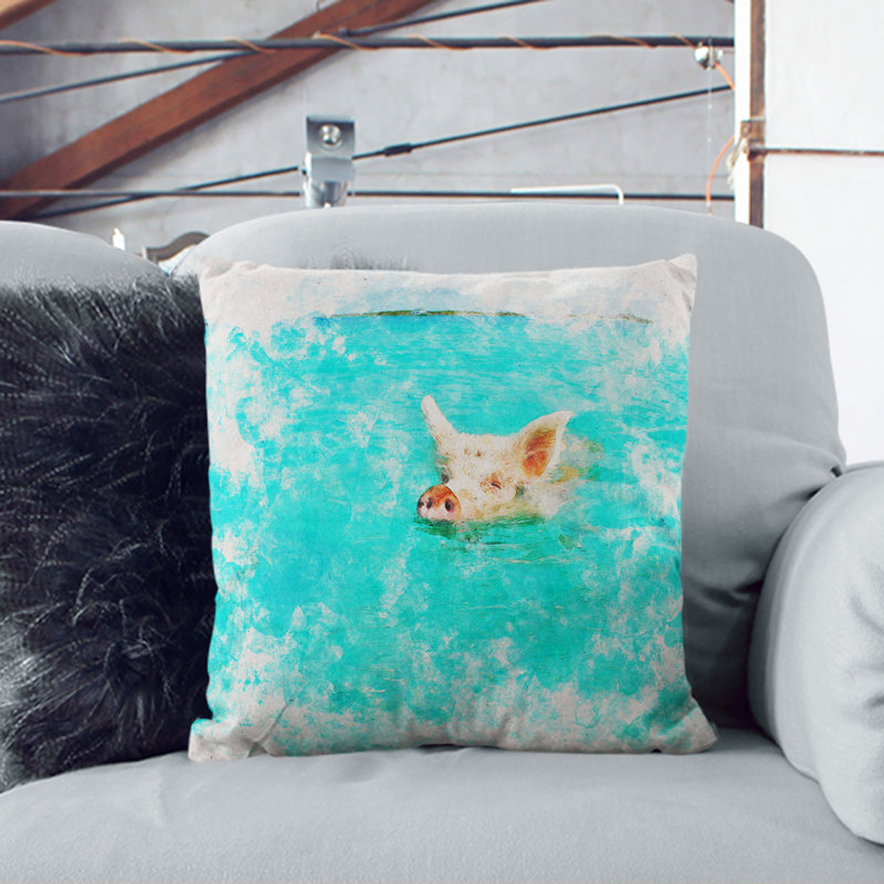 Swimming Pig Watercolour Square Throw Cushion, Stone, 55cm H x 55cm W x 20cm D