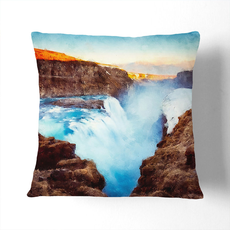 A Waterfall in Iceland Painting Scatter Cushion, White, 55cm H x 55cm W x 20cm D