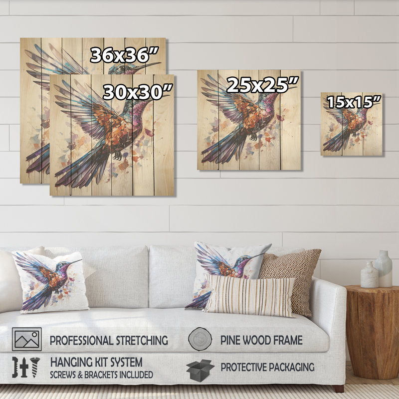 Vol de colibri bleu et brun - impression de colibri sur bois, H 15 po x l 15 po