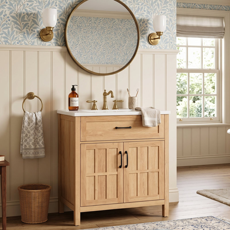 Meuble-lavabo autoportant de 30 po avec lavabo en résine, armoire en bois massif avec organisateurs à deux portes et tablette réglable, bois naturel