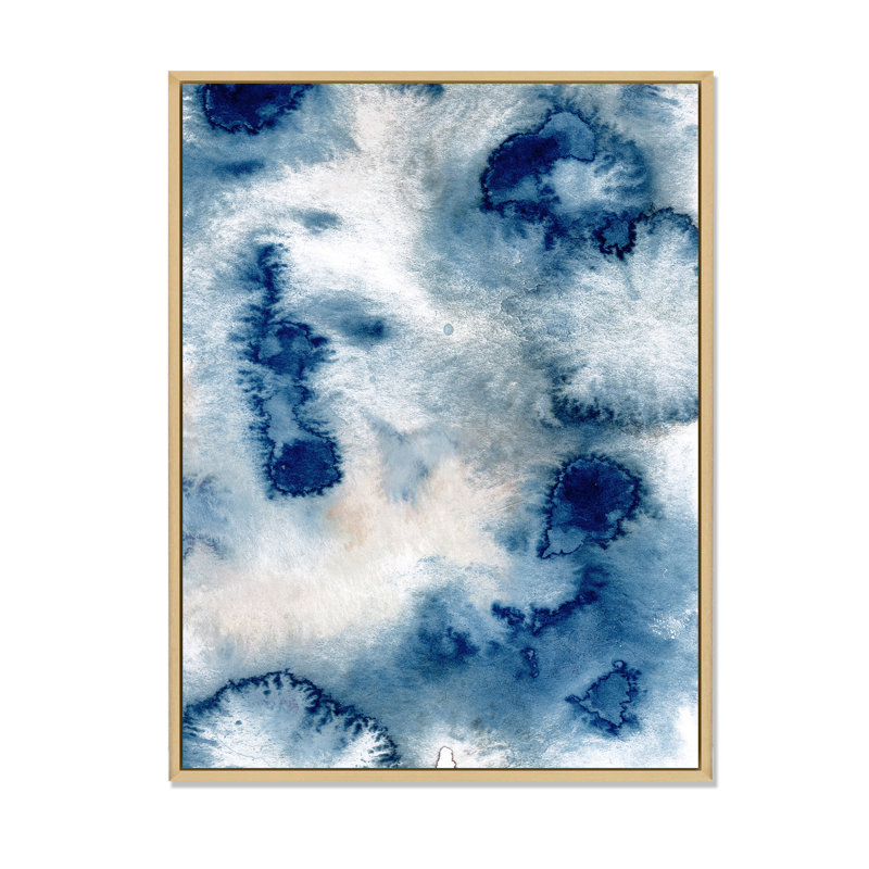Aquarelle abstraite classique bleu II - peinture sur toile, H 44 po x l 34 po, Cadre flottant en érable