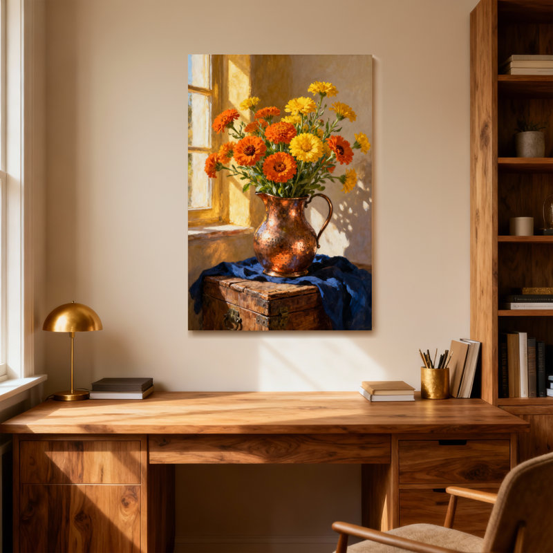 Plantes et fleurs, souci de soleil dans un pichet en cuivre sur une commode en bois, H 12 po x l 18 po