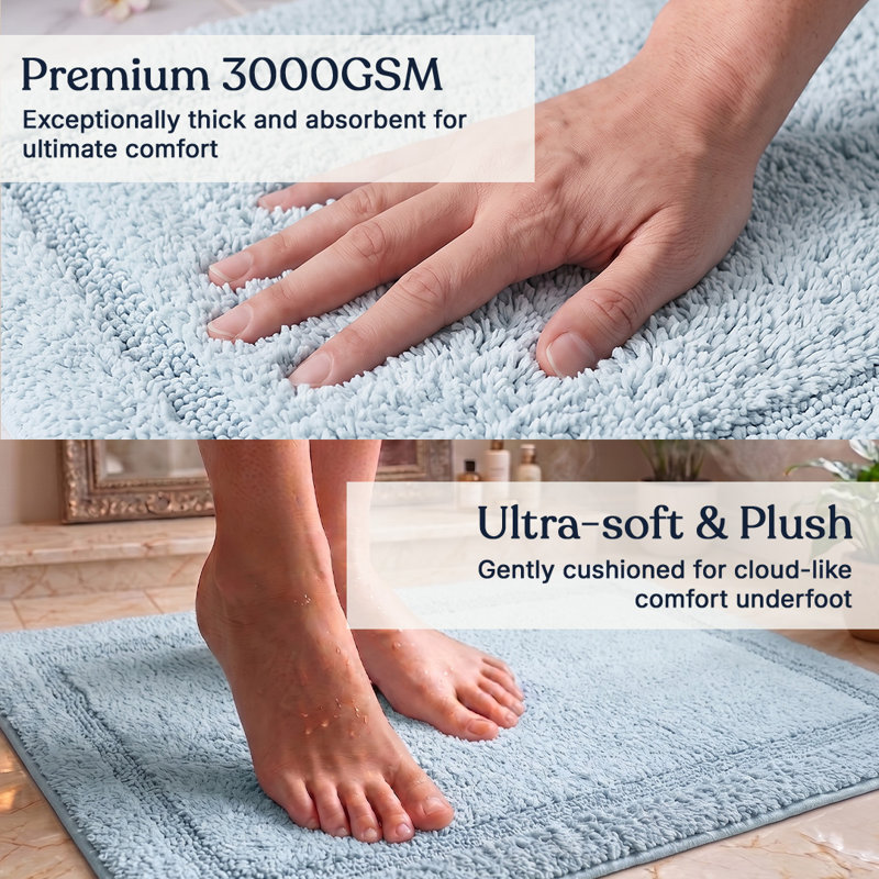  Organic Cotton Reversible Bath Mat – 3000 GSM, GOTS Certified, Ultra-Thick & Super Absorbent | Soft, Plush & Quick-Drying Bathroom Rug