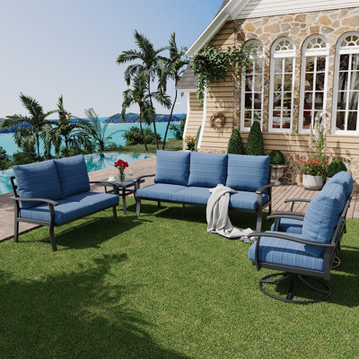 5 PCS Outdoor Metal Conversation Set With 360° Swivel Rocking Chairs, Sofa, Loveseat & Coffee Table For Patio, Garden, Deck Or Poolside by Winston Porter
