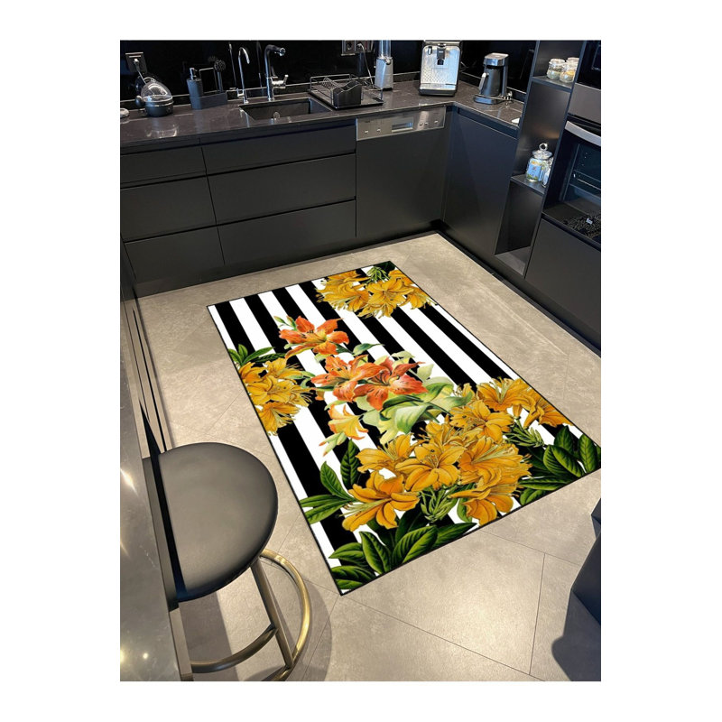 Tapis noir lavable à motif géométrique à rayures noires, Sous-tapis rectangulaire de 3 pi 3 po x 4 pi 11 po