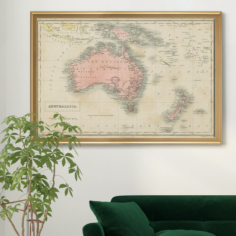 Carte de l’Australie-impression d’art graphique sur toile encadrée, H 30,5 po x l 42,5 po x P 1,5 po, Encadrement doré