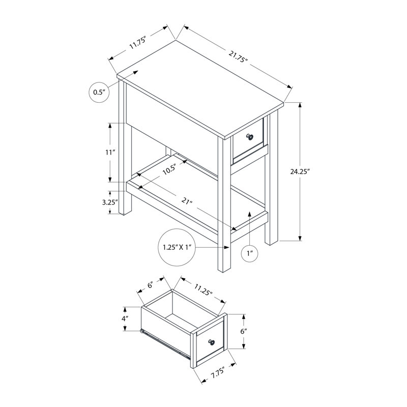 Table d'appoint étroite à 2 niveaux avec tiroir de rangement - Table d'appoint en placage brun et blanc antique pour le salon de la chambre à coucher, petit mobilier de style transitionnel
