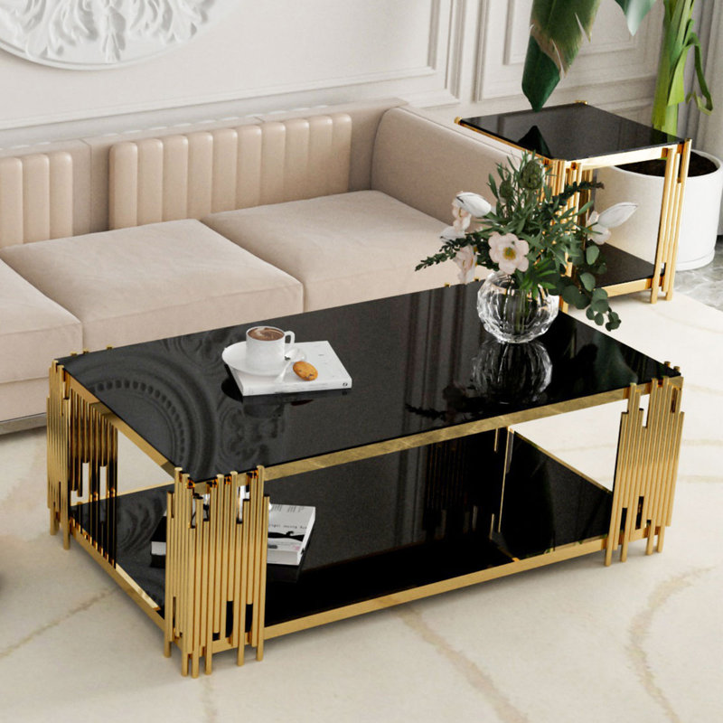 Ensemble de table de salon 2 pièces, table basse et table de bout en verre, Black, Black/Gold