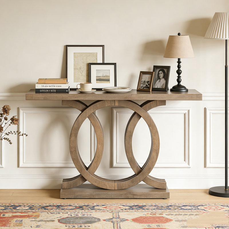 Farmhouse Hallway Sofa Table With Geometric Base, Brown