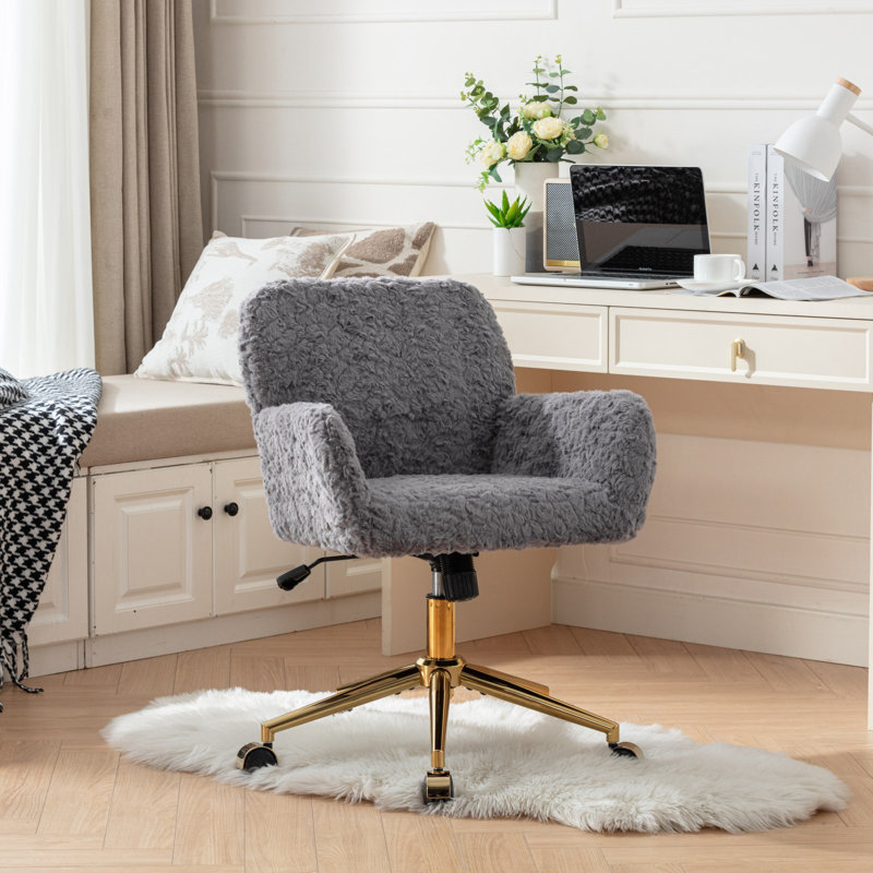 Artificial Rabbit Hair Home Office Chair With Golden Metal Base,adjustable Desk, Gray