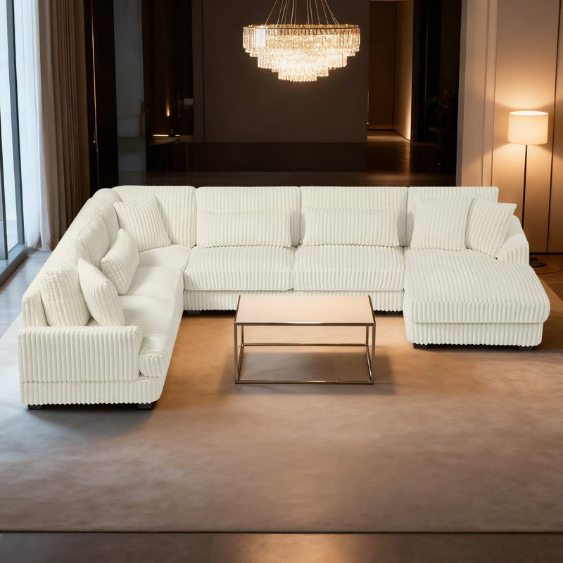Modern U-Shaped Corduroy Fabric Upholstered Sectional Sofa, Beige Corduroy