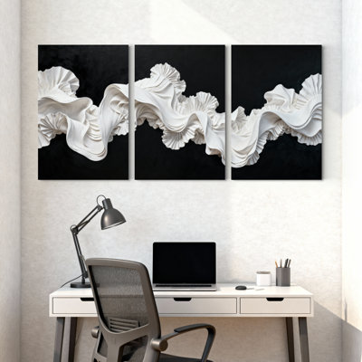 Abstrait blanc sculptural vagues sur fond noir, ensemble de 3 impressions d'art sur toile