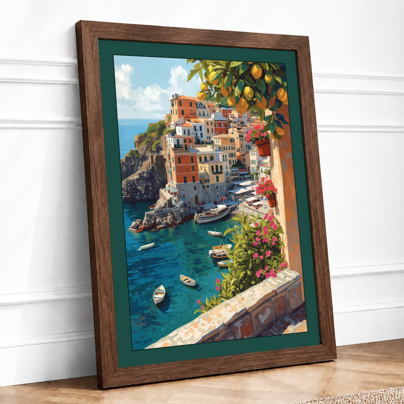 Mediterranean Village Coastal - Framed Print, A2 - 59.4 x 42.0 cm, Walnut