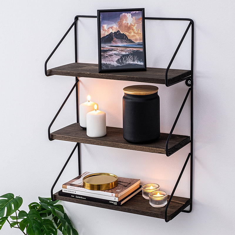 Modern Wall Shelf Set (3 Pieces), Black & Walnut, 23.6 x 5.5 x 5.9 Inches | 100% Spruce Wood & Metal Frame, Thickness: 0.6 in & 0.2 in | Stylish Industrial Design, Perfect for Home or Office Decor, Holds Up to 8.8 lbs