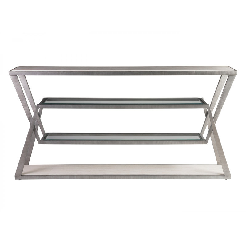 Adamo Silver and Beige Metal Glass Console Table with Storage