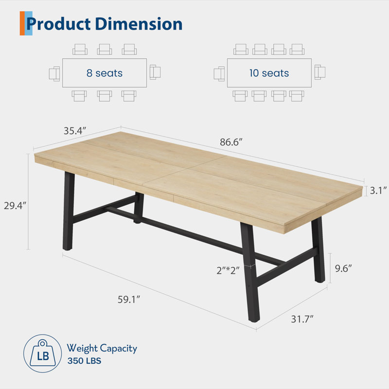Table de salle à manger industrielle pour cuisine, table rectangulaire, cadre en métal robuste, aspect bois moderne, maison ou bureau
