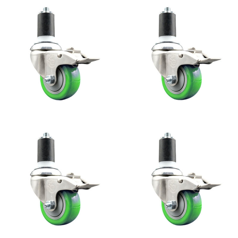 3 Inch 316SS Green Poly Swivel 1-1/2 Inch Expanding Stem Caster Set Lock Brake
